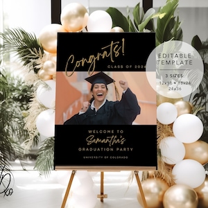 Graduation Party Welcome Sign with Photo | Editable Template | Edit FREE in Canva | Sizes 12x18, 18x24, 24x36 | Modern Simple Black Gold