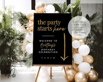 Welkomstbord verjaardagsfeestje |  Bewerkbare sjabloon | Direct downloaden | GRATIS bewerken in Canva | Maten: 12 x 18, 18 x 24, 24 x 36 | Modern zwart goud