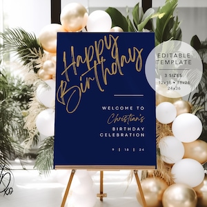 Cartello di benvenuto di buon compleanno / Modello modificabile / Download istantaneo / Modifica GRATUITO in Canva / Dimensioni 12x18, 18x24, 24x36 / Moderno Blu Navy Oro