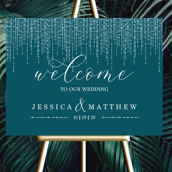 Wedding Welcome Sign |  12x18, 18x24 or 24x36 | Elegant Dark Teal Sparkle | Digital files JPEG+PDF | Customized by ME within 48 hours