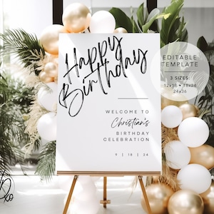 Signo de bienvenida de feliz cumpleaños / Plantilla editable / Descarga instantánea / Editar GRATIS en Canva / Tamaños 12x18, 18x24, 24x36 / Blanco negro moderno
