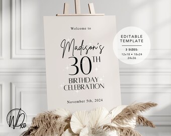 Välkomstskylt för födelsedagsfest | Redigerbar mall | Direkt nedladdning | Redigera GRATIS i Canva | Storlekar 12x18, 18x24, 24x36 | Modern taupe glitter