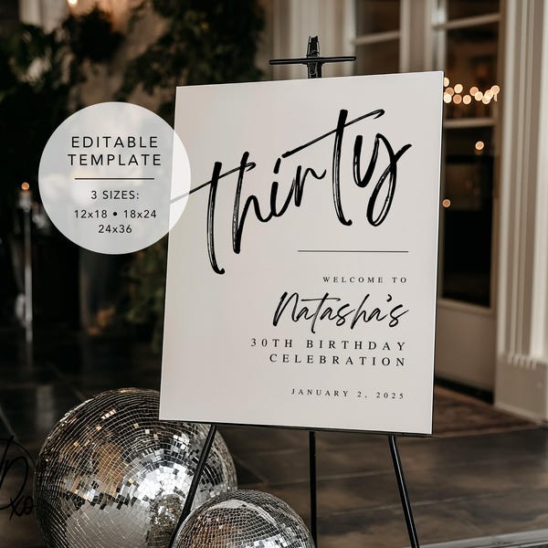 30th Birthday Welcome Sign | Editable Template | Instant Download | Edit FREE in Canva | Sizes 12x18, 18x24, 24x36 | Modern Black White