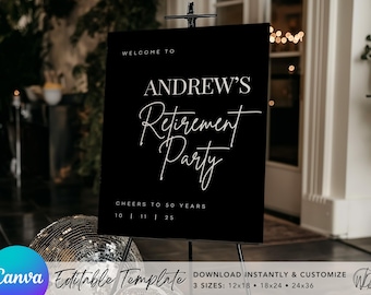 Op de afbeelding: Een zwart-wit welkomsbord met de tekst "Welkom op Andrew's pensioenfeest.  50 jaar geluk 10 | 11 | 25". Het bord staat op een zwarte ezel.