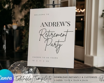 Op de afbeelding: Een wit bord met zwarte tekst dat "Welkom op Andrew's pensioenfeest Gefeliciteerd met 50 jaar 10 11 25" zegt. Het bord staat op een zwarte ezel.