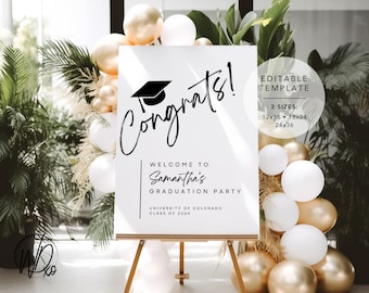 Welkomstbord voor afstudeerfeest |  Bewerkbare sjabloon | Direct downloaden | GRATIS bewerken in Canva | Maten: 12 x 18, 18 x 24, 24 x 36 | Modern zwart