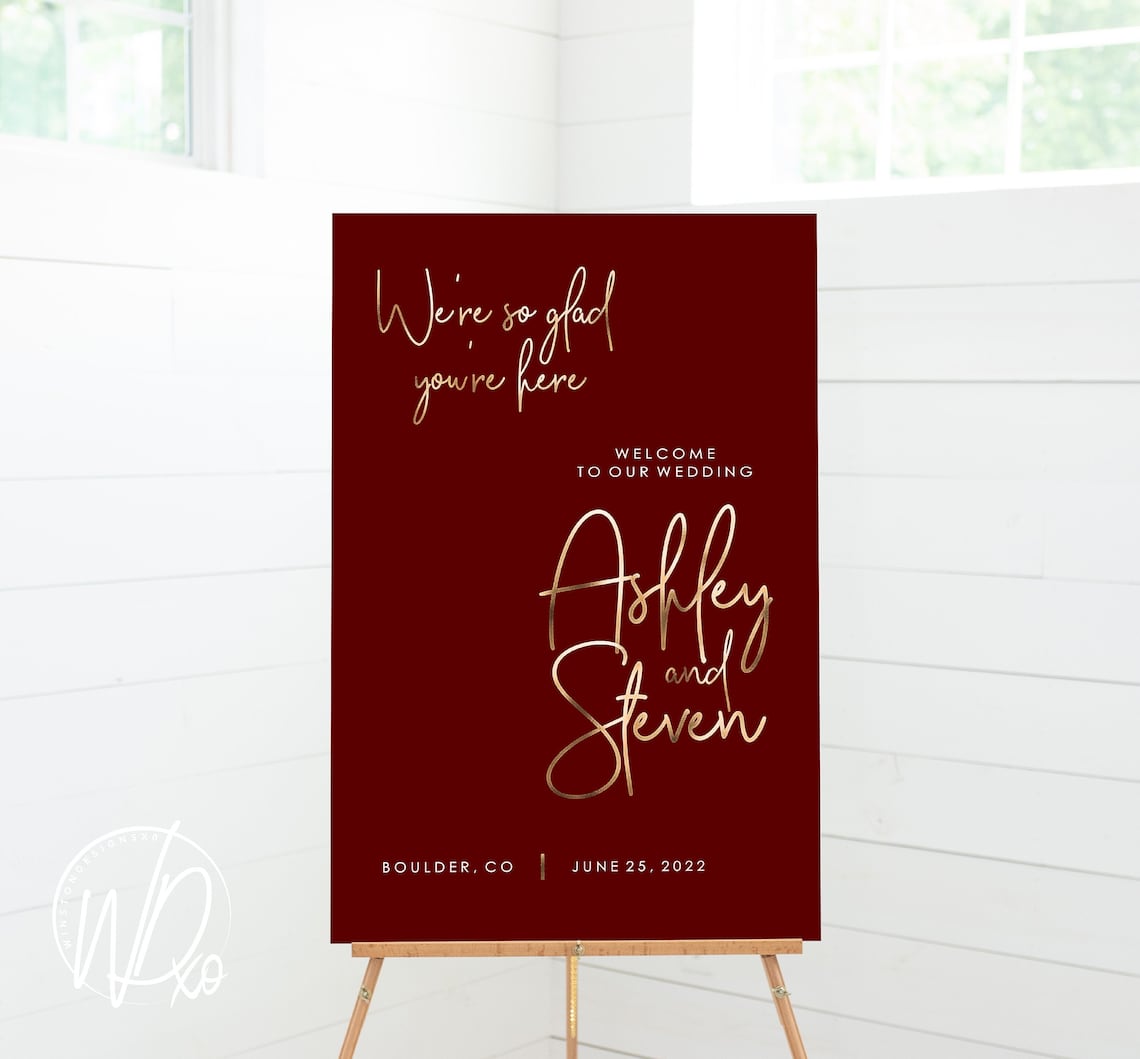 Wedding Welcome Sign 12x18 18x24 or 24x36 Modern Dark Red image 1