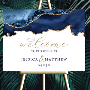 Wedding Welcome Sign |  12x18, 18x24 or 24x36 | Dark Navy Blue Gold Agate Marble  | Digital files JPEG+PDF |Customized by ME within 48 hours