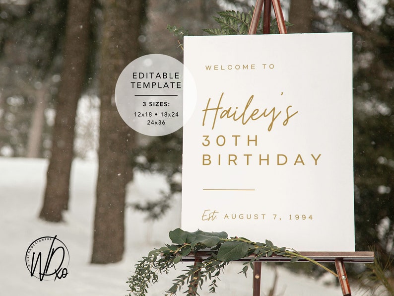 Birthday Welcome Sign Editable Template Instant Download Edit FREE in Canva Sizes 12x18, 18x24, 24x36 Modern White Gold image 4