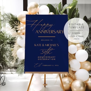 Letrero de bienvenida de aniversario / Plantilla editable / Descarga instantánea / Edición GRATIS en Canva / Tamaños 12x18, 18x24, 24x36 / Azul marino elegante y dorado