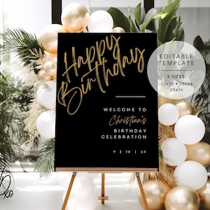 Alles Gute zum Geburtstag Willkommensschild |  Bearbeitbare Vorlage | Sofortdownload | KOSTENLOS in Canva | Größen 12x18, 18x24, 24x36 | Modernes Schwarz-Gold