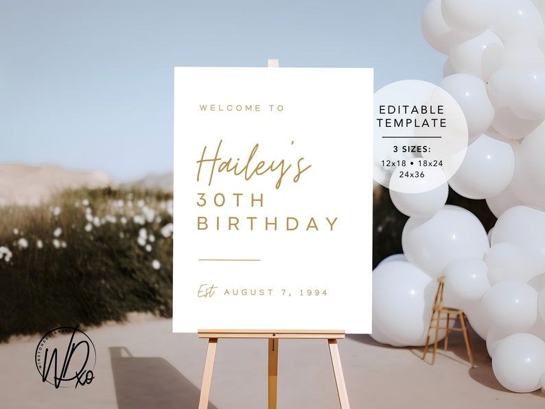 Birthday Welcome Sign Editable Template Instant Download Edit FREE in Canva Sizes 12x18, 18x24, 24x36 Modern White Gold image 6