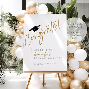 Graduation Party Welcome Sign |  Editable Template | Instant Download | Edit FREE in Canva | Sizes 12x18, 18x24, 24x36 | Modern White Gold