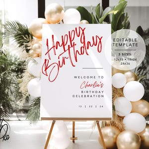 Alles Gute zum Geburtstag Willkommensschild |  Bearbeitbare Vorlage | Sofortdownload | KOSTENLOS in Canva | Größen 12x18, 18x24, 24x36 | Modernes Kirschrot