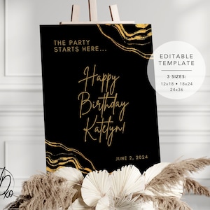 Birthday Party Welcome Sign |  Editable Template | Instant Download | Edit FREE in Canva | Sizes 12x18, 18x24, 24x36 | Modern Gold Black
