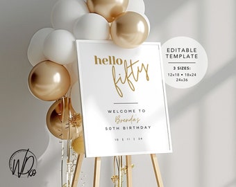 50 cumpleaños signo de bienvenida cincuenta / Plantilla editable / Descarga instantánea / Editar GRATIS en Canva / Tamaños 12x18, 18x24, 24x36 / Oro blanco moderno