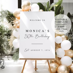 Birthday Party Welcome Sign |  Editable Template | Instant Download | Edit FREE in Canva | Sizes 12x18, 18x24, 24x36 | Modern White Black