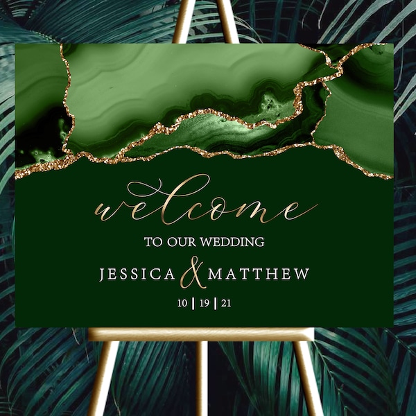 Wedding Welcome Sign |  12x18, 18x24 or 24x36 | Emerald Green Gold Agate Marble | Digital files JPEG+PDF | Customized by ME within 48 hours
