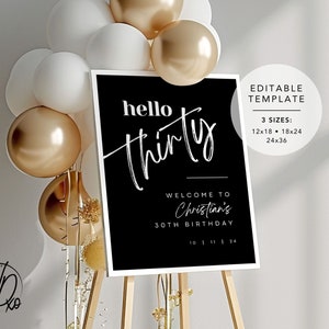 30th Birthday Welcome Sign |  Editable Template | Instant Download | Edit FREE in Canva | Sizes 12x18, 18x24, 24x36 | Modern White Black