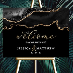 Wedding Welcome Sign |  12x18, 18x24 or 24x36 | Modern Black Gold Agate Marble | Digital files JPEG+PDF | Customized by ME within 48 hours
