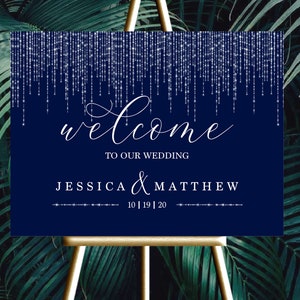 Wedding Welcome Sign |  12x18, 18x24 or 24x36 | Elegant Dark Navy Blue Sparkle | Digital files JPEG+PDF | Customized by ME within 48 hours