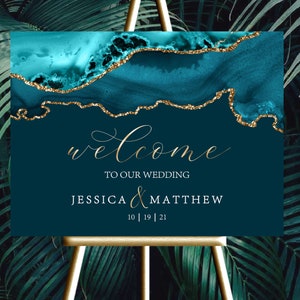 Wedding Welcome Sign |  12x18, 18x24 or 24x36 | Modern Teal Gold Agate Marble | Digital files JPEG+PDF | Customized by ME within 48 hours