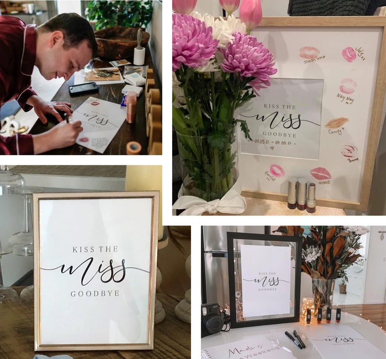 以下が含まれることがあります： 黒い筆記体で「Kiss the Miss Goodbye」と書かれた額縁付きの看板。看板は、ピンクと赤の様々な色合いの口紅のキスで囲まれている。看板は、ピンクと白の花が飾られた花瓶のあるテーブルの上に置かれている。