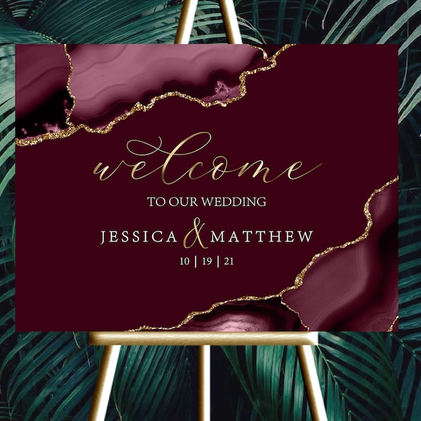 Wedding Welcome Sign |  12x18, 18x24 or 24x36 | Dark Red Maroon Agate Marble | Digital files JPEG+PDF | Customized by ME within 48 hours