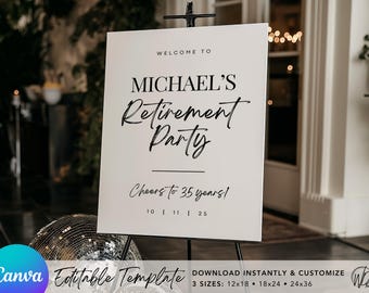 Op de afbeelding: Een wit bord op een zwart schildersezel leest "WELCOME TO MICHAEL'S Retirement Party" in zwart script. Hieronder staat "Cheers to 35 years!" met data. Een discobal staat aan de basis.