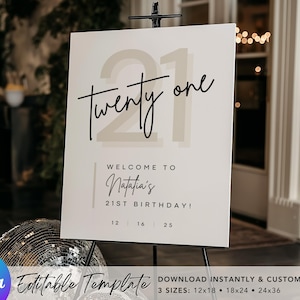 21st Birthday Welcome Sign | Editable Template | Instant Download | Edit FREE in Canva | Size 12x18, 18x24, 24x36 | Modern Neutral Tan Beige