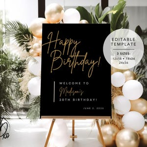 Alles Gute zum Geburtstag Willkommensschild |  Bearbeitbare Vorlage | Sofortdownload | KOSTENLOS in Canva | Größen 12x18, 18x24, 24x36 | Modernes Schwarz-Gold