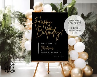 Gelukkige verjaardag welkomstbord |  Bewerkbare sjabloon | Direct downloaden | GRATIS bewerken in Canva | Maten: 12 x 18, 18 x 24, 24 x 36 | Modern zwart goud