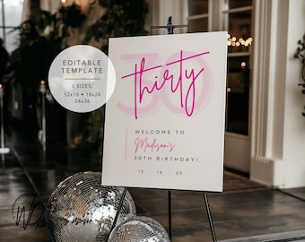 30th Birthday Welcome Sign | Editable Template | Instant Download | Edit FREE in Canva | Sizes 12x18, 18x24, 24x36 | Modern Hot Pink