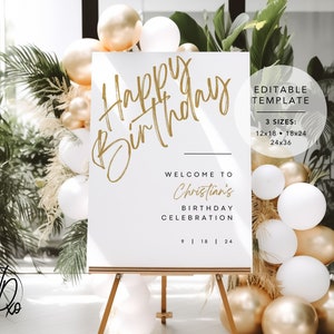 Letrero de bienvenida de feliz cumpleaños / Plantilla editable / Descarga instantánea / Edición GRATIS en Canva / Tamaños 12x18, 18x24, 24x36 / Oro blanco moderno