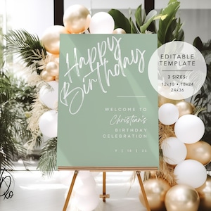 Alles Gute zum Geburtstag Willkommensschild |  Bearbeitbare Vorlage | Sofortdownload | KOSTENLOS in Canva | Größen 12x18, 18x24, 24x36 | Modernes Salbeigrün