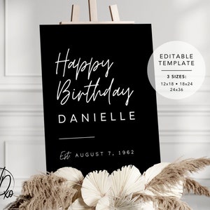 Birthday Party Welcome Sign |  Editable Template | Instant Download | Edit FREE in Canva | Sizes 12x18, 18x24, 24x36 | Modern Black White