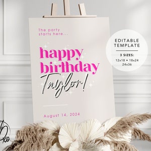 Happy Birthday Welcome Sign | Editable Template | Instant Download | Edit FREE in Canva | Sizes 12x18, 18x24, 24x36 | Modern Pink Sparkle