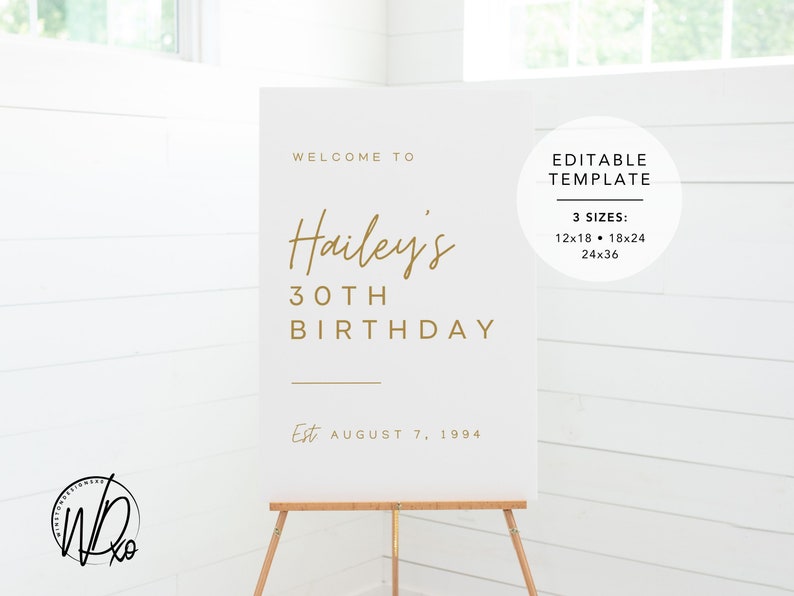 Birthday Welcome Sign Editable Template Instant Download Edit FREE in Canva Sizes 12x18, 18x24, 24x36 Modern White Gold image 5