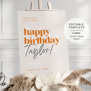 Happy Birthday Welcome Sign | Editable Template | Instant Download | Edit FREE in Canva | Sizes 12x18, 18x24, 24x36 | Modern Orange Sparkle