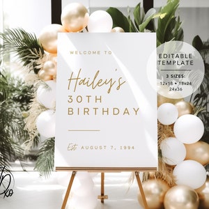 Birthday Welcome Sign Editable Template Instant Download Edit FREE in Canva Sizes 12x18, 18x24, 24x36 Modern White Gold image 2