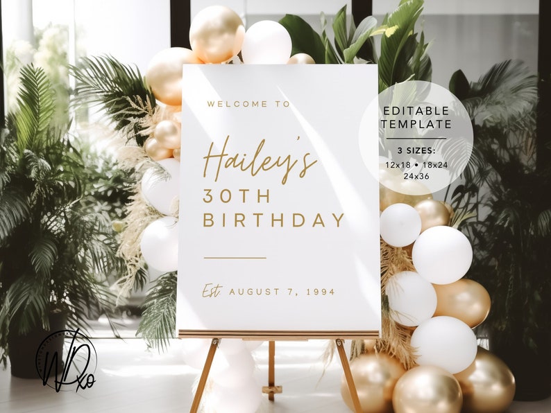 Birthday Welcome Sign Editable Template Instant Download Edit FREE in Canva Sizes 12x18, 18x24, 24x36 Modern White Gold image 2