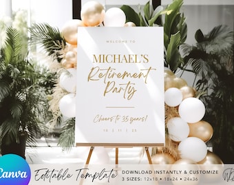 May include: A white sign with gold text announcing a retirement party for Michael. The sign reads "Welcome to Michael's Retirement Party Cheers to 35 years! 10 11 25". The sign is on an easel and surrounded by white and gold balloons.