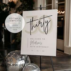 30th Birthday Welcome Sign | Editable Template | Instant Download | Edit FREE in Canva | Sizes 12x18, 18x24, 24x36 | Neutral Black Beige Tan