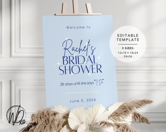 Bridal Shower Welcome Sign |  Editable Template | Instant Download | Edit FREE in Canva | Sizes 12x18, 18x24, 24x36 | Modern Blue Sparkle