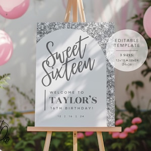 Placa de boas-vindas Sweet Sixteen 16 | Modelo editável | Download instantâneo | Edite GRÁTIS no Canva | Tamanhos 12x18, 18x24, 24x36 | Cinza Prata Brilhante