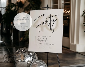 May include: A white sign on a black easel with the word "Forty" in black script. Below, it reads "Welcome to Michael's 40th Birthday!" with dates. The sign is a template available in 3 sizes: 12x18, 18x24, and 24x36 inches.