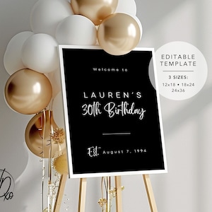 Birthday Party Welcome Sign |  Editable Template | Instant Download | Edit FREE in Canva | Sizes 12x18, 18x24, 24x36 | Modern Black White