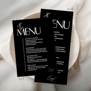 Menú en blanco y negro / Plantilla editable / Descarga instantánea / Edición GRATIS en Canva / Tamaños 5x7, 4x9, 8x10 / Para fiestas de cumpleaños, graduaciones, bodas
