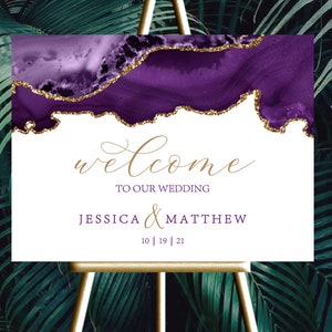 Wedding Welcome Sign |  12x18, 18x24 or 24x36 | Dark Purple Plum Agate Marble | Digital files JPEG+PDF | Customized by ME within 48 hours