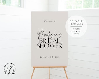 ブライダル シャワー ウェルカム サイン | 編集可能なテンプレート | すぐにダウンロード | Canva で無料で編集 | サイズ 12x18、18x24、24x36 | モダン トープ ブラック